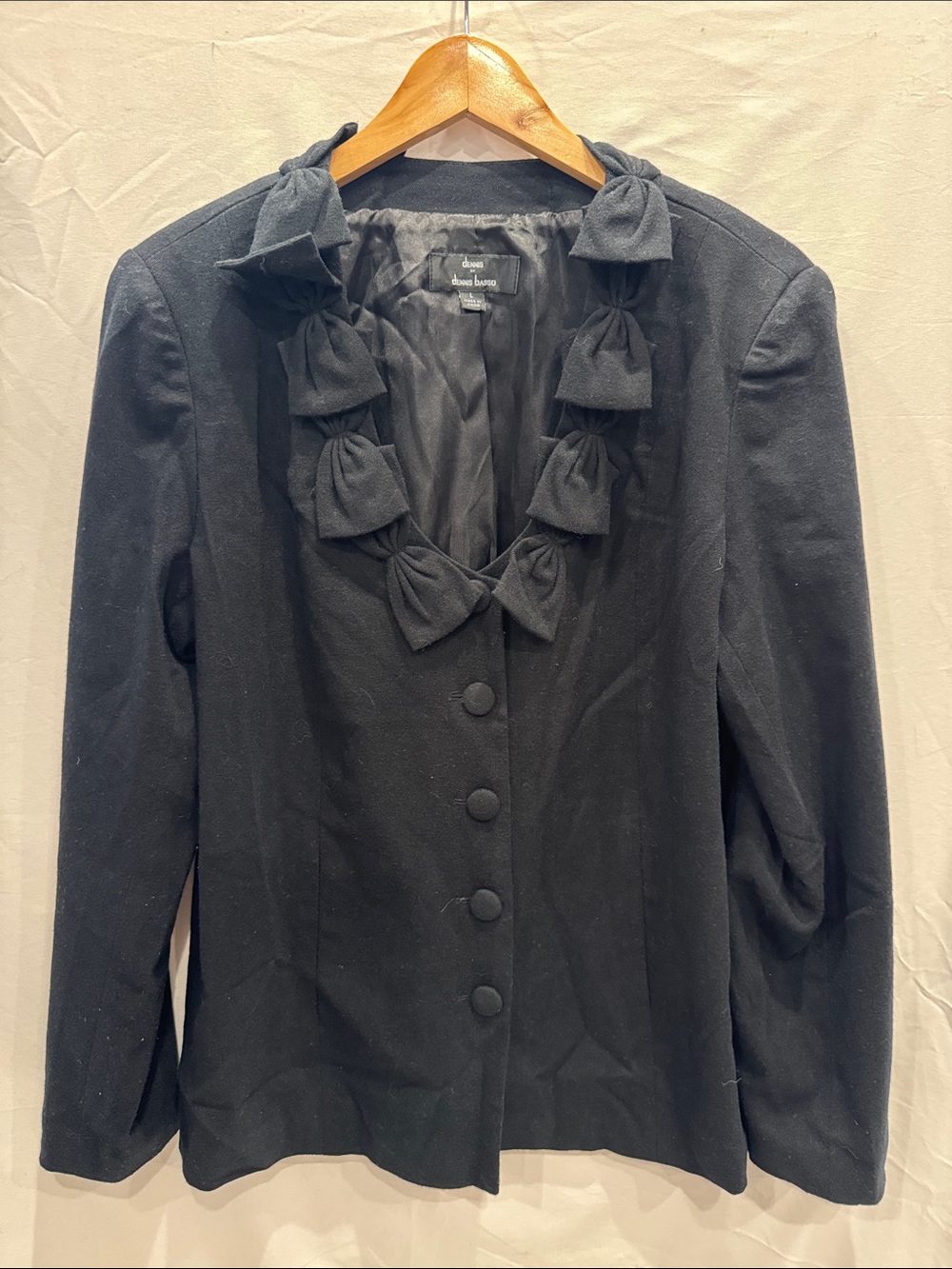 Dennis Basso Black Bow-Detail Tailored Blazer Jacket L Rayon-Blend